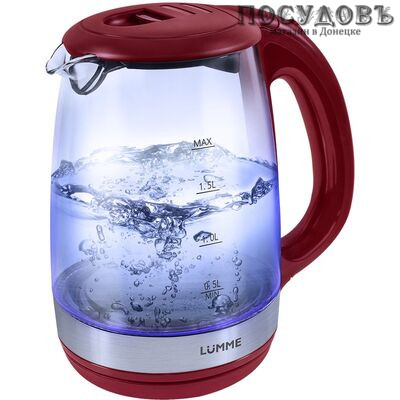 Lumme LU-135 электрочайник, 2200 Вт, 2 000 мл, стекло закаленное, цвет красный гранат, гарантия 1 год