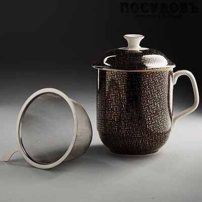 Beatrix МЛ073A кружка подарочная, черная с золотым узором, 500 мл, фарфор, с крышкой и ситом