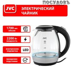 JVC JK-KE1516 электрочайник, 2200 Вт, 1700 мл, стекло термостойкое, черный с серебристым