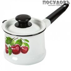 КМК 90104-072/4 "Вишневый сад" ковш с крышкой объемом 1 л, цвет: белый с рисунком, сталь эмалированная, Ø140 мм, Россия, 2 предмета