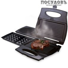 Centek CT-1450 мультипекарь 3 в 1 226×148 мм, 800 Вт, 3 вида сменных пластин, цвет металлик с черным