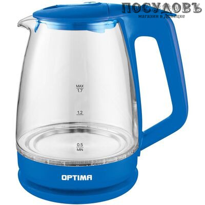 Optima 1718G BL электрочайник, 2200 Вт, 1700 мл, стекло термостойкое, внутренняя подсветка, цвет светло-синий