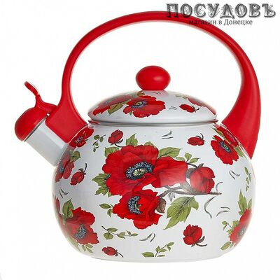 Metalloni EM-25101/11 Алые маки чайник со свистком, 2,5 л, сталь эмалированная, цвет: белый с рисунком