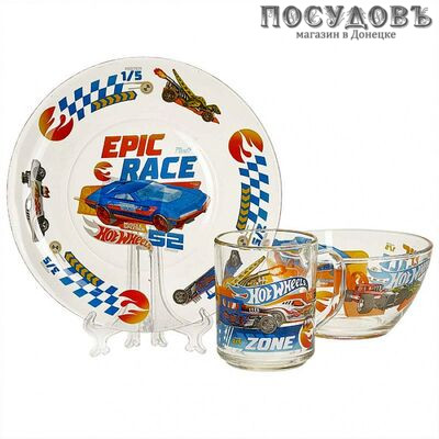 Priority Hot Wheels Epic race КРС-1450 набор детской посуды, стекло, в подарочной упаковке 3 пр.