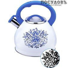 Забава PK-3001 Гжель чайник со свистком, 3 л, сталь нержавеющая, цвет: белый с рисунком-индикатором, 1 шт.