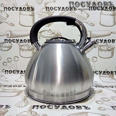 Maestro MR1319 чайник со свистком объемом 4,3 л, дно Ø210 мм, сталь нержавеющая, цвет: сатин, пластиковая прорезиненная ручка, в упаковке 1 шт