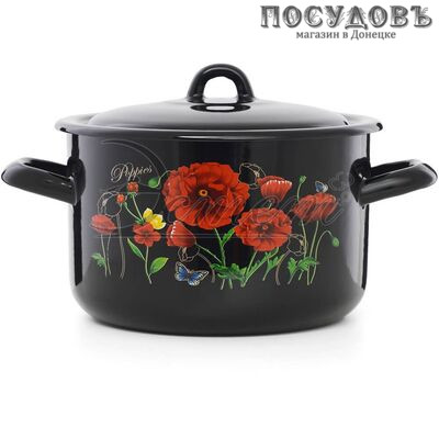 Эстет Красные маки ЭТ-72802 кастрюля с крышкой 2,9 л, Ø180 мм, сталь эмалированная, цвет черный