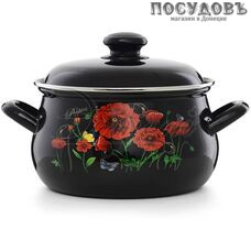 Эстет Красные маки ЭТ-72857 кастрюля с крышкой 3,0 л, Ø210 мм, сталь эмалированная, цвет черный