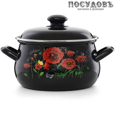 Эстет Красные маки ЭТ-72857 кастрюля с крышкой 3,0 л, Ø210 мм, сталь эмалированная, цвет черный