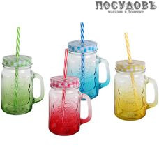 Коралл Летние каникулы 4539 банка для смузи с крышкой и трубочкой, 430 мл, стекло, микс