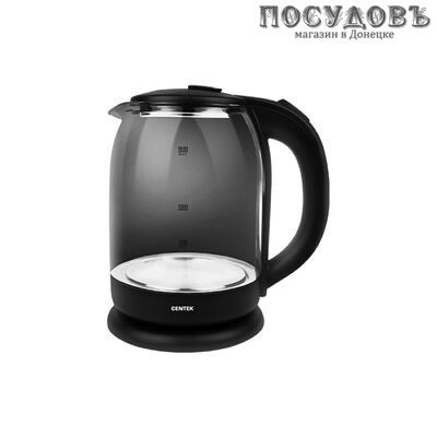 Centek CT-0010 электрочайник, 2200 Вт, 1800 мл, стекло термостойкое, внутренняя подсветка, черный