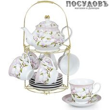 Коралл Магнолия Ф5-012К/13 сервиз чайный, фарфор, металлическая подставка, в подарочной упаковке 13 пр.