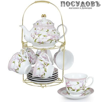 Коралл Магнолия Ф5-012К/13 сервиз чайный, фарфор, металлическая подставка, в подарочной упаковке 13 пр.