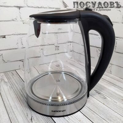 Magnit RMK-3700 электрочайник, 2200 Вт, 2000 мл, стекло термостойкое, внутренняя подсветка, черный-стальной