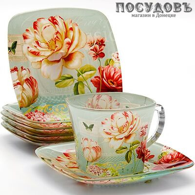 Loraine Красно белые цветы 24127 набор чайный, стекло, в упаковке 12 пр.