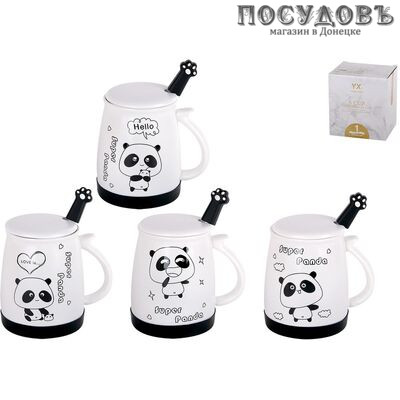 Коралл Super Panda 5085 кружка с крышкой и ложкой, 500 мл, фарфор, в упаковке