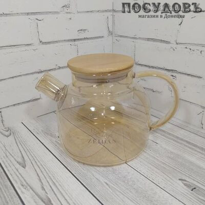 ZEIDAN Z-4363 чайник заварочный с пружинкой и бамбуковой крышкой, стекло закаленное, 1000 мл