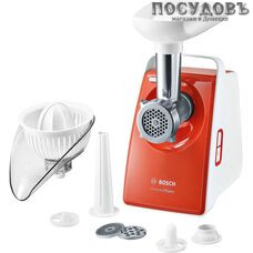 Bosch MFW3630l мясорубка электрическая с насадками 1600 Вт 1 скорость, реверс есть, 1.9 кг/мин, корпус пластик, цвет белый с оранжевым