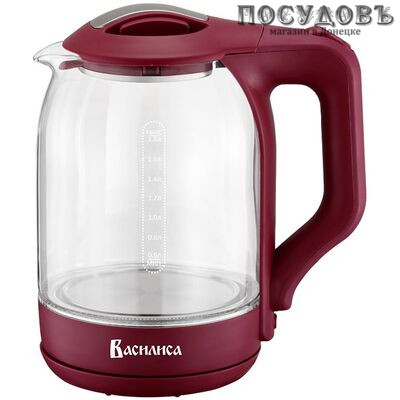 Василиса ВА-1025 электрочайник, 2000 Вт, 1800 мл, стекло термостойкое, подсветка, цвет бордовый