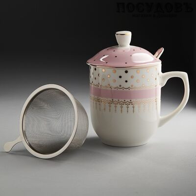Beatrix МЛ089А кружка подарочная с крышкой, ситом и ложкой, 340 мл, фарфор, в подарочной упаковке 3 пр.