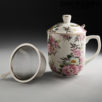 Beatrix МЛ091А кружка подарочная с крышкой, ситом и ложкой, 340 мл, фарфор, в подарочной упаковке 4 пр.