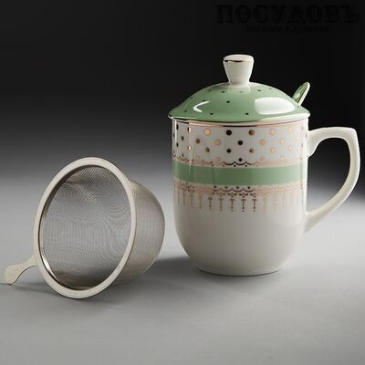 Beatrix МЛ088А кружка подарочная с крышкой, ситом и ложкой, 340 мл, фарфор, в подарочной упаковке 3 пр.