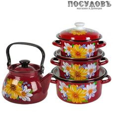КМК Георгины набор посуды, 3 кастрюли с крышками, чайник с крышкой, сталь эмалированная, 8 пр.