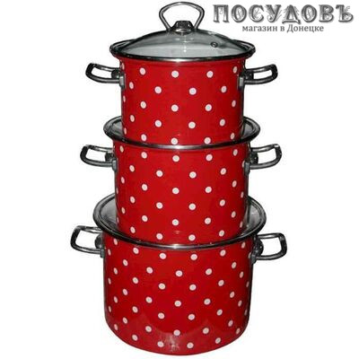 КМК Белый горох-1 набор посуды, 3 кастрюли с крышками, сталь эмалированная, 6 пр.