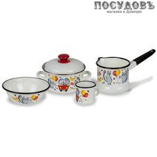 КМК Кис-кис набор посуды, кастрюля с крышкой, ковш, кружка, миска, сталь эмалированная, 5 пр.