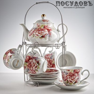Beatrix Нежный пион Ф5-022К/13 набор чайный, фарфор, металлическая подставка, в подарочной упаковке 13 пр.
