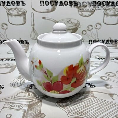 Дулёвский фарфор "Янтарь" 070232 Альпийские цветы красные, чайник заварочный с фильтром внутри, 700 мл, фарфор, Россия 1 шт