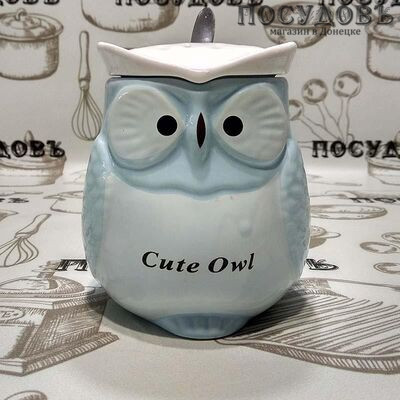 Кружка подарочная Коралл "Cute Owl" 390 мл, фарфор, с крышкой и ложкой в упаковке 1 шт