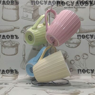 Набор кружек Коралл "Лента" 340 мл, керамика, 4 кружки и подставка в упаковке 5 предметов